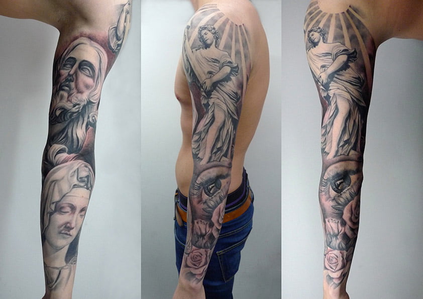 Religious Sleeve Tattoo by Tamas Dikac - Tribal Body Art